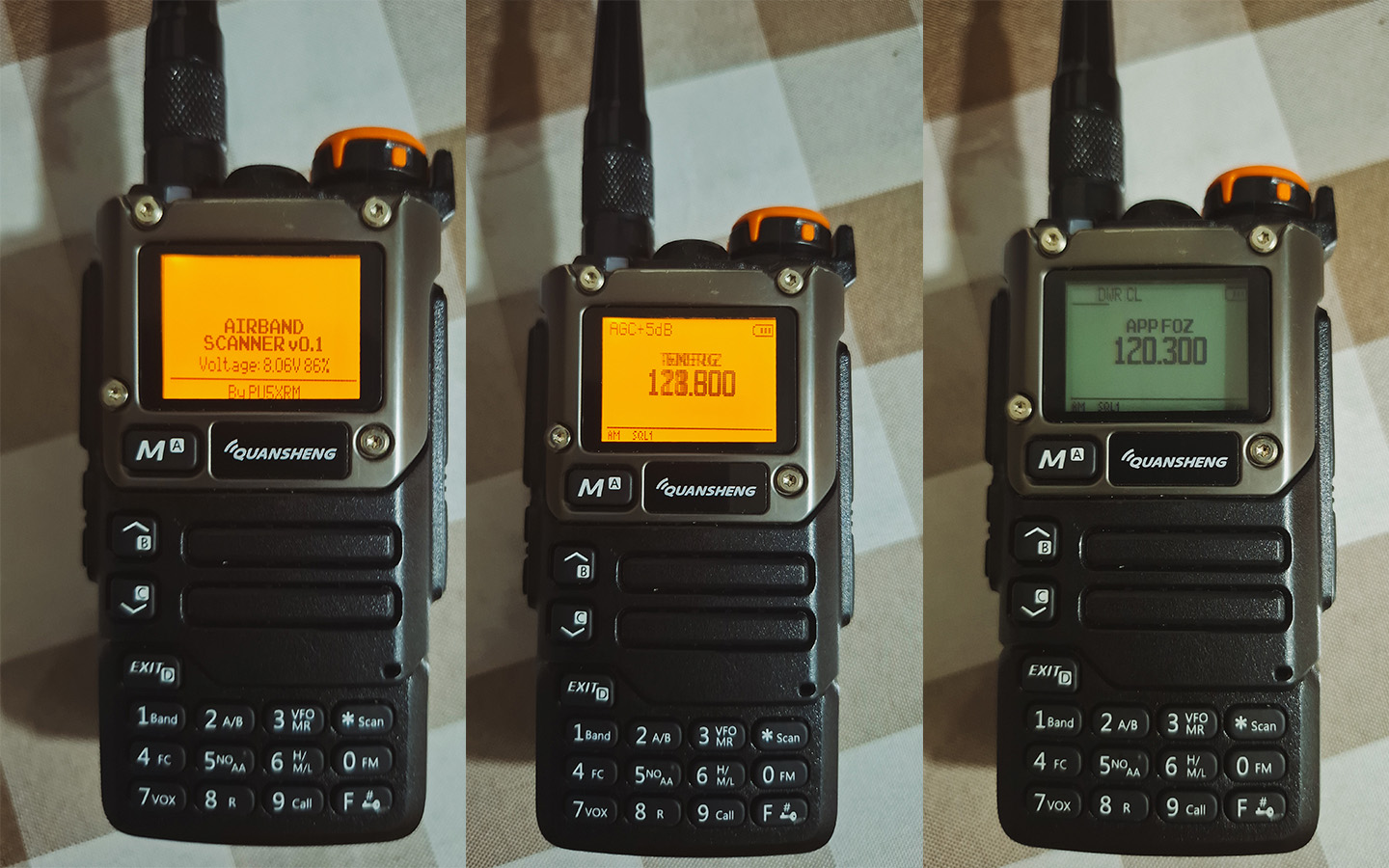 QAP firmware UI — booting, scanning, hold
